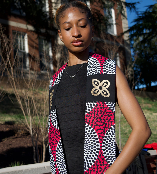 Honors Collection African Print Graduation Sash w/ Adinkra Embroidery - BESE SAKA (Affluence, Power, Abundance, Unity)