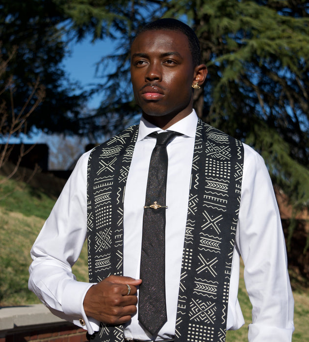Heritage Collection African Print Graduation Sash - Black and White w/ Xs Print