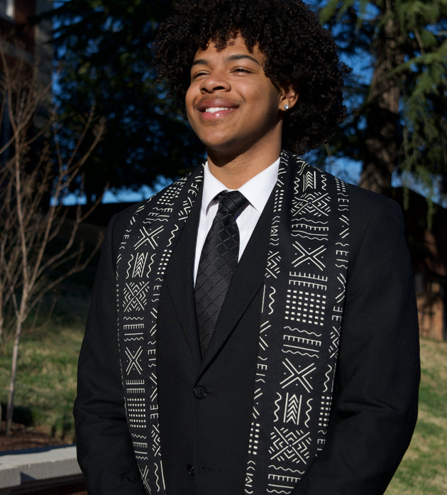 Heritage Collection African Print Graduation Sash - Black and White w/ Xs Print