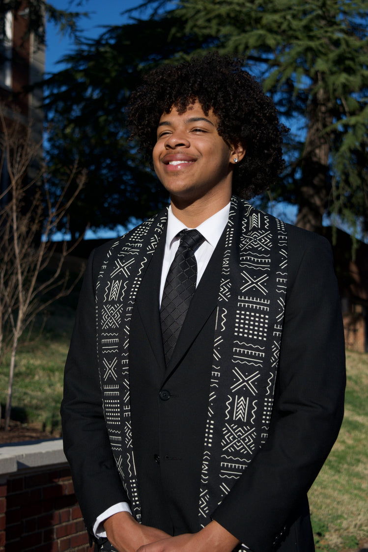 Heritage Collection African Print Graduation Sash - Black and White w/ Xs Print