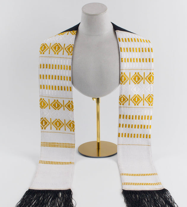 Royal Collection African Kente Graduation Sash - White and Gold Pattern