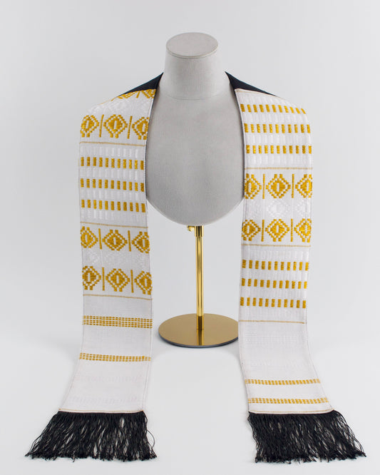 Royal Collection African Kente Graduation Sash - White and Gold Pattern