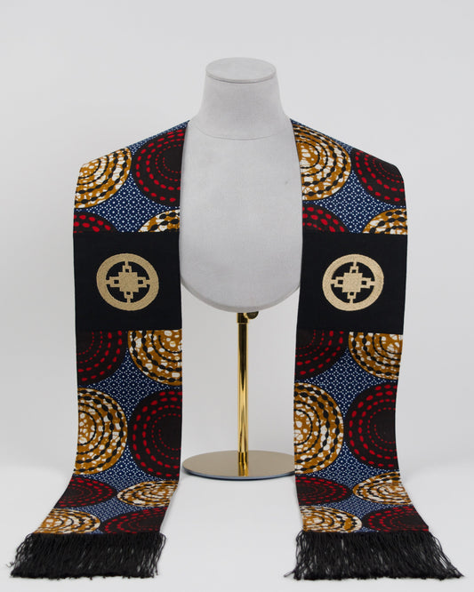 Honors Collection African Print Graduation Sash w/ Adinkra Embroidery - DAME DAME (Intelligence, Ingenuity)