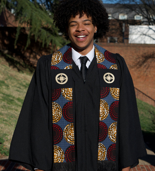 Honors Collection African Print Graduation Sash w/ Adinkra Embroidery - DAME DAME (Intelligence, Ingenuity)