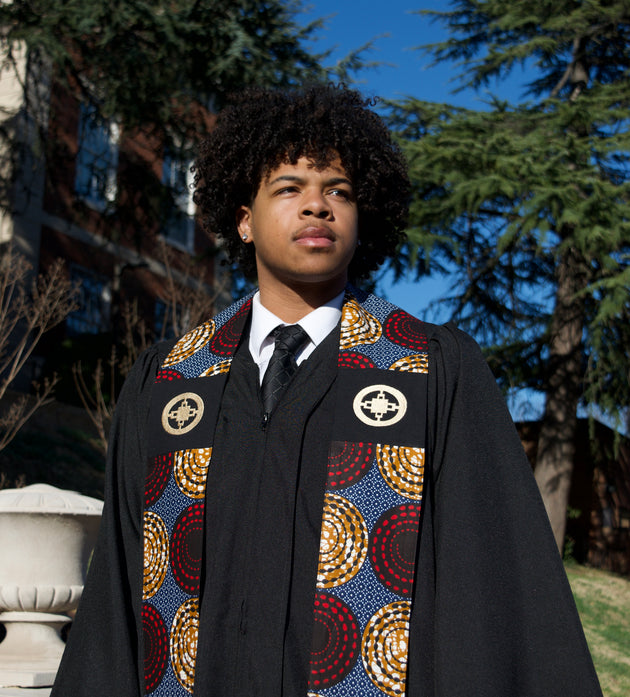Honors Collection African Print Graduation Sash w/ Adinkra Embroidery - DAME DAME (Intelligence, Ingenuity)
