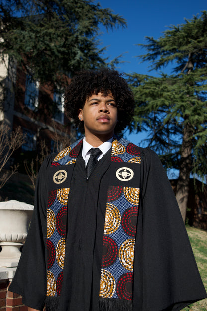 Honors Collection African Print Graduation Sash w/ Adinkra Embroidery - DAME DAME (Intelligence, Ingenuity)