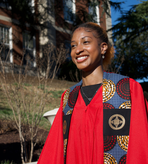 Honors Collection African Print Graduation Sash w/ Adinkra Embroidery - DAME DAME (Intelligence, Ingenuity)