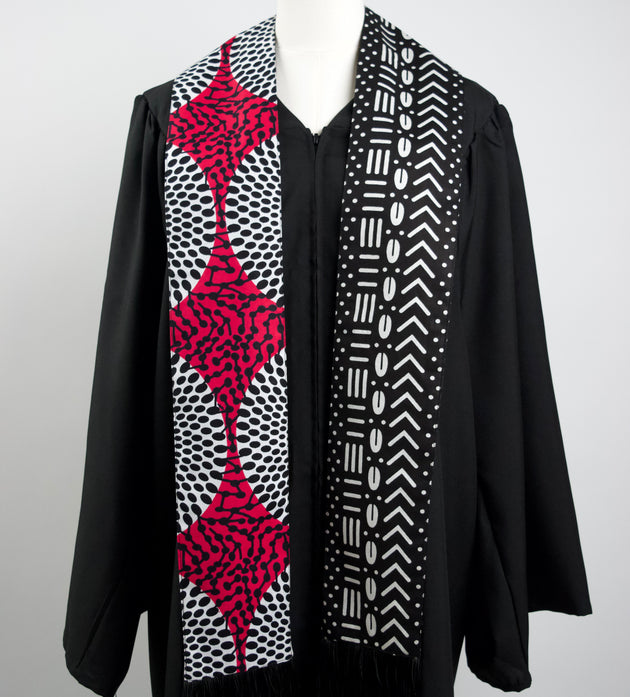 Heritage Collection African Print Graduation Sash - Two Pattern Black, Pink, White Print