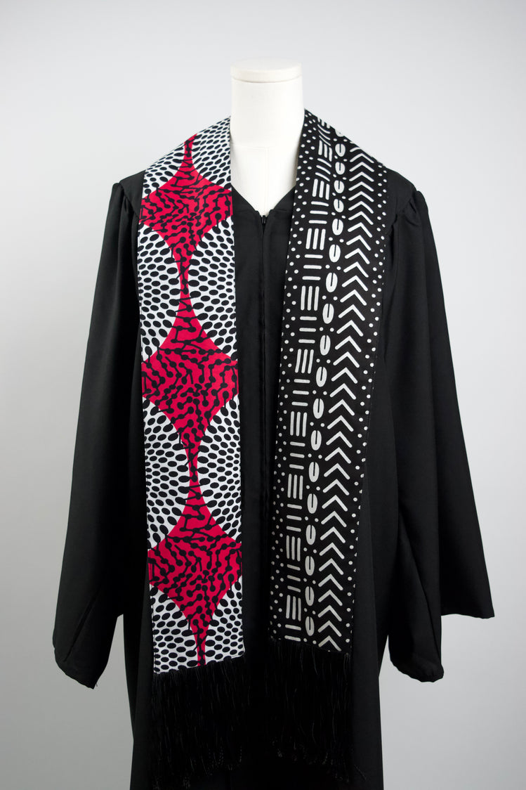 Heritage Collection African Print Graduation Sash - Two Pattern Black, Pink, White Print