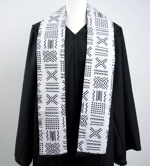 Heritage Collection African Print Graduation Sash - White and Black w/ Xs Print
