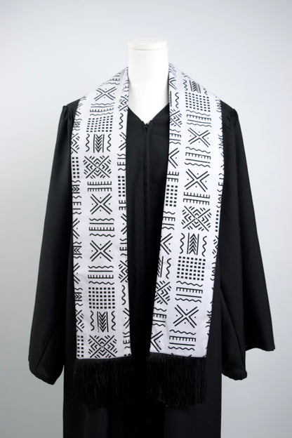 Heritage Collection African Print Graduation Sash - White and Black w/ Xs Print
