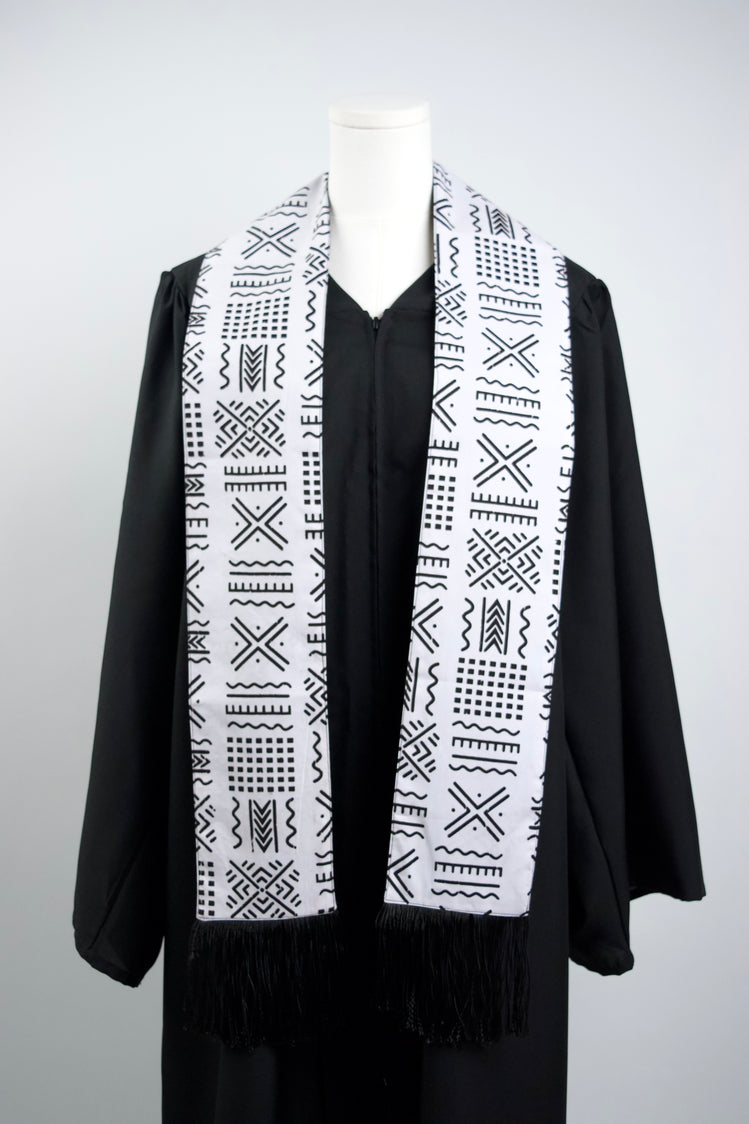Heritage Collection African Print Graduation Sash - White and Black w/ Xs Print