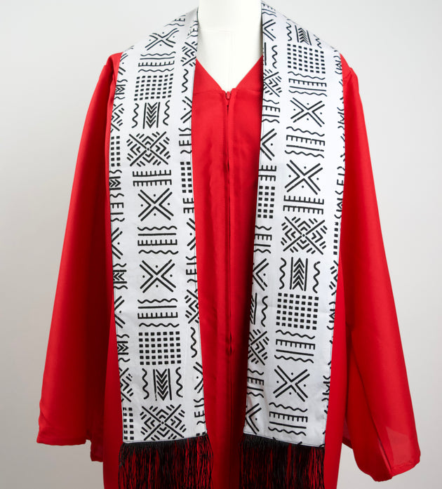 Heritage Collection African Print Graduation Sash - White and Black w/ Xs Print