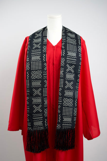 Heritage Collection African Print Graduation Sash - Black and White w/ Xs Print
