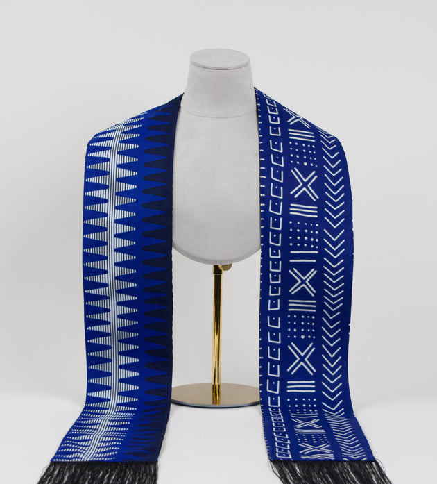 Heritage Collection African Print Graduation Sash - Two Pattern Blue and White Print