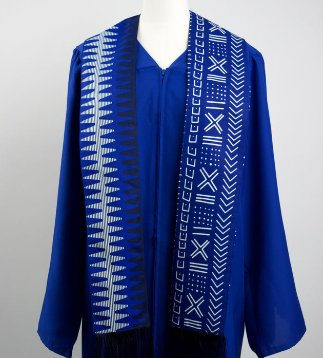 Heritage Collection African Print Graduation Sash - Two Pattern Blue and White Print