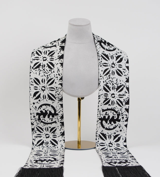 Heritage Collection African Print Graduation Sash - White and Black w/ Adinkra Embed Print