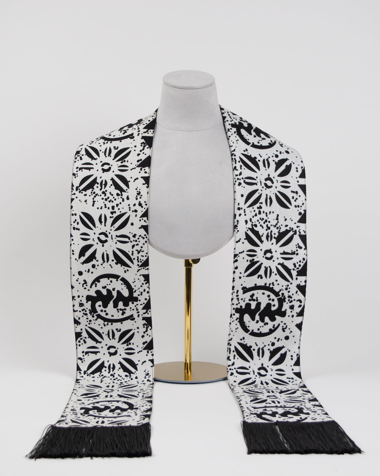 Heritage Collection African Print Graduation Sash - White and Black w/ Adinkra Embed Print