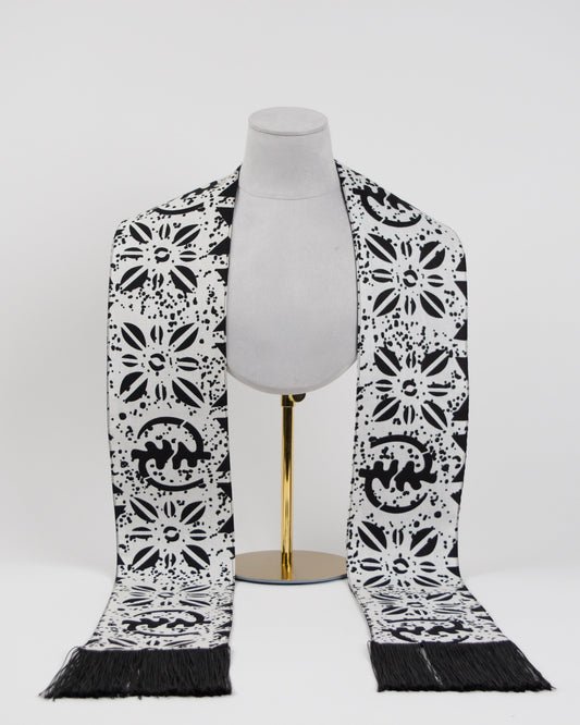 Heritage Collection African Print Graduation Sash - White and Black w/ Adinkra Embed Print