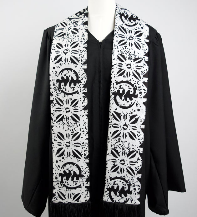 Heritage Collection African Print Graduation Sash - White and Black w/ Adinkra Embed Print