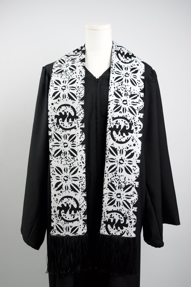 Heritage Collection African Print Graduation Sash - White and Black w/ Adinkra Embed Print
