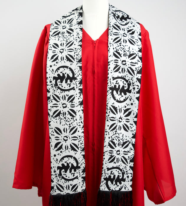 Heritage Collection African Print Graduation Sash - White and Black w/ Adinkra Embed Print