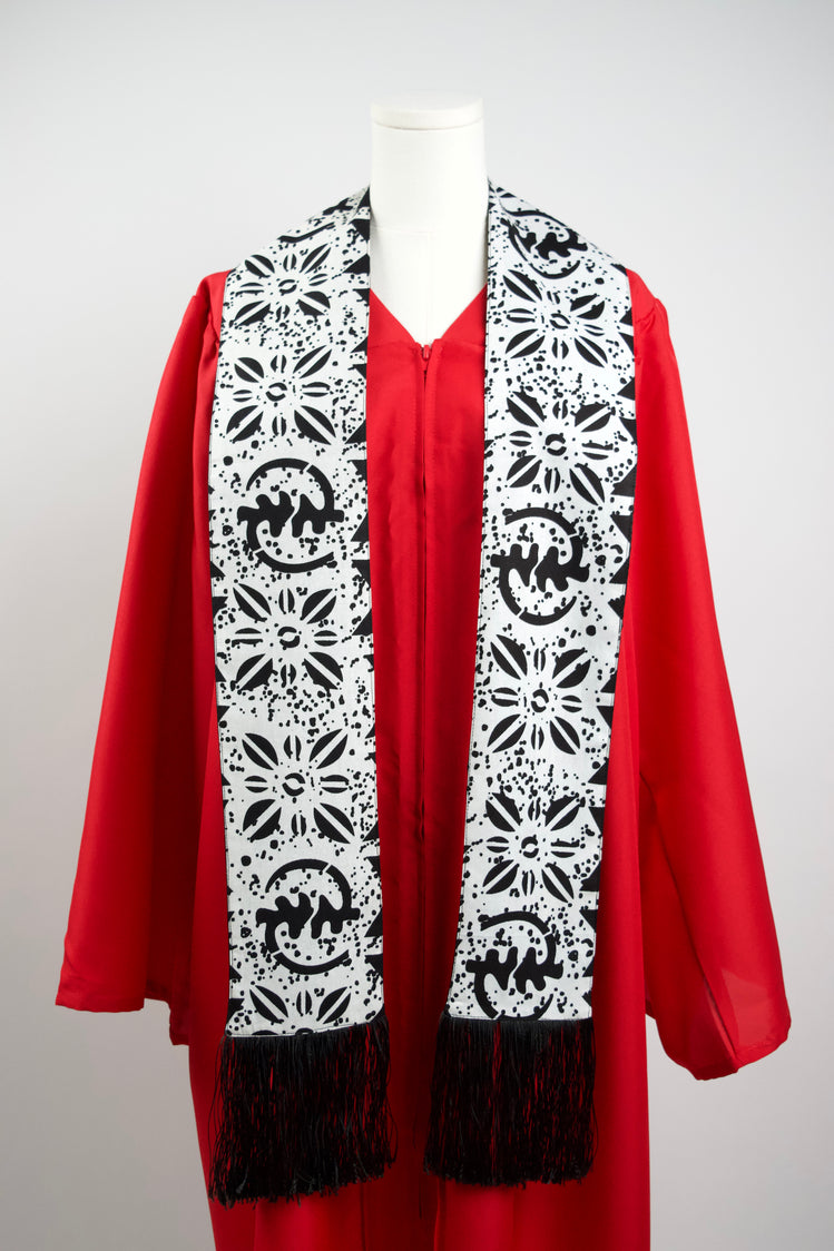 Heritage Collection African Print Graduation Sash - White and Black w/ Adinkra Embed Print