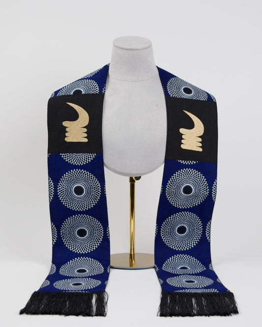Honors Collection African Print Graduation Sash w/ Adinkra Embroidery - AKOBEN (Vigilance, Wariness)