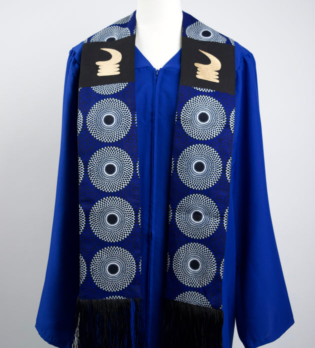 Honors Collection African Print Graduation Sash w/ Adinkra Embroidery - AKOBEN (Vigilance, Wariness)