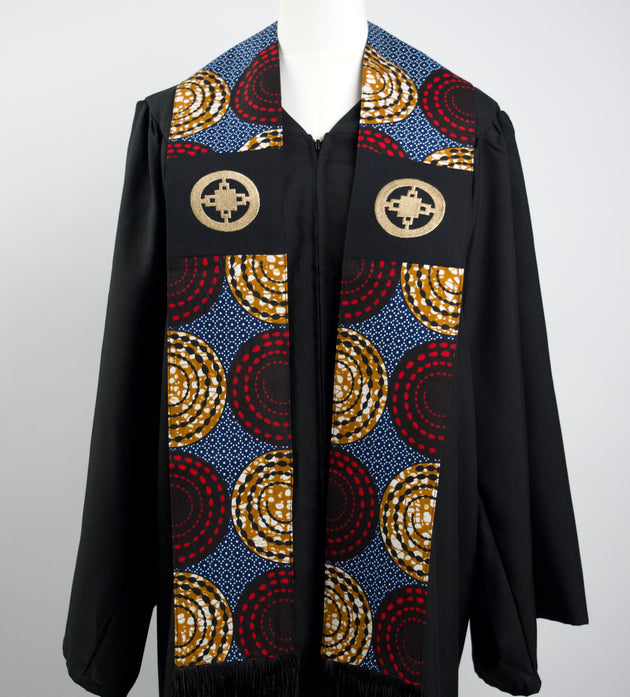 Honors Collection African Print Graduation Sash w/ Adinkra Embroidery - DAME DAME (Intelligence, Ingenuity)