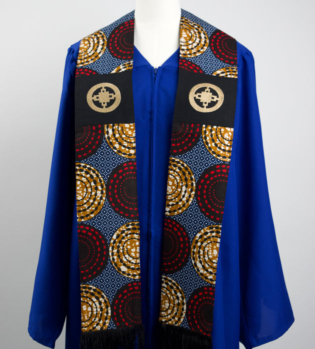 Honors Collection African Print Graduation Sash w/ Adinkra Embroidery - DAME DAME (Intelligence, Ingenuity)