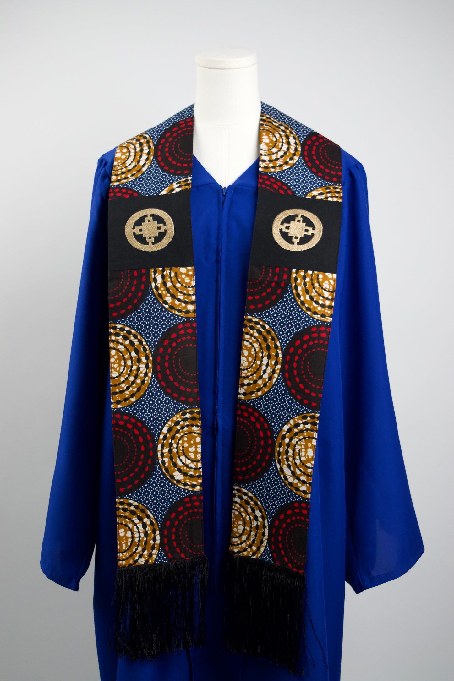 Honors Collection African Print Graduation Sash w/ Adinkra Embroidery - DAME DAME (Intelligence, Ingenuity)
