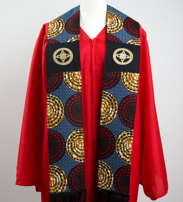Honors Collection African Print Graduation Sash w/ Adinkra Embroidery - DAME DAME (Intelligence, Ingenuity)
