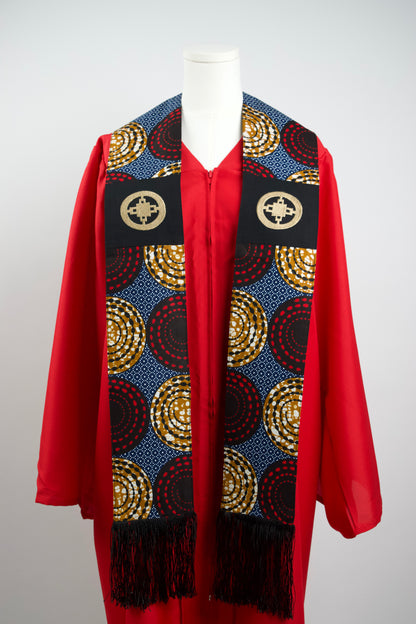 Honors Collection African Print Graduation Sash w/ Adinkra Embroidery - DAME DAME (Intelligence, Ingenuity)