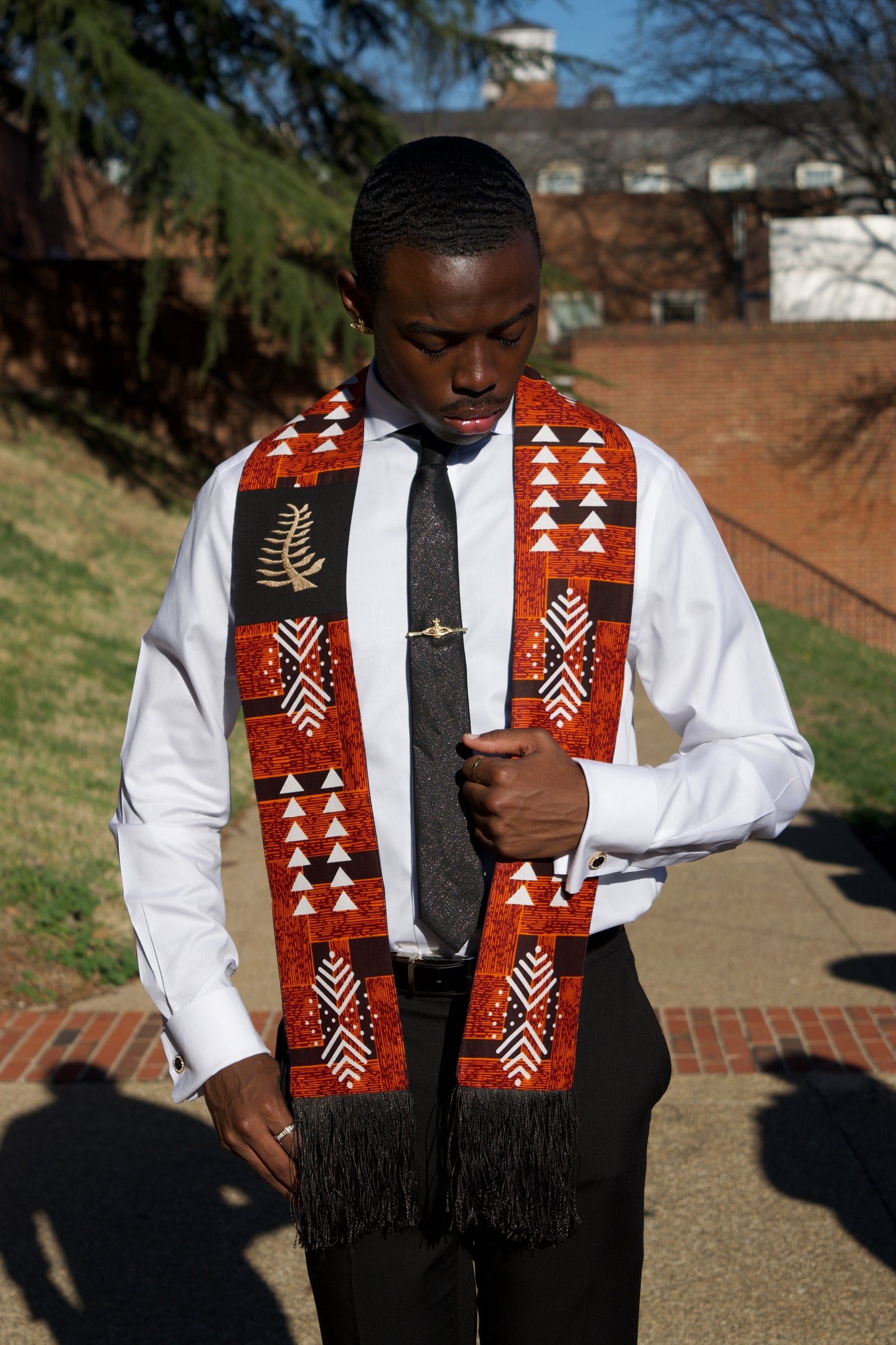 Honors Collection African Print Graduation Sash w/ Adinkra Embroidery - NYAME NTI (Faith & Trust in God)