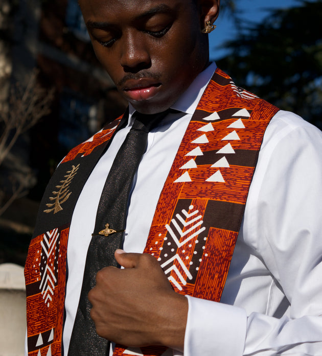 Honors Collection African Print Graduation Sash w/ Adinkra Embroidery - NYAME NTI (Faith & Trust in God)