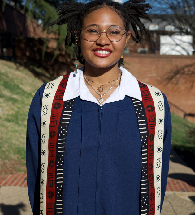 Heritage Collection African Print Graduation Sash - Tricolor Navy, Cream and Red Print