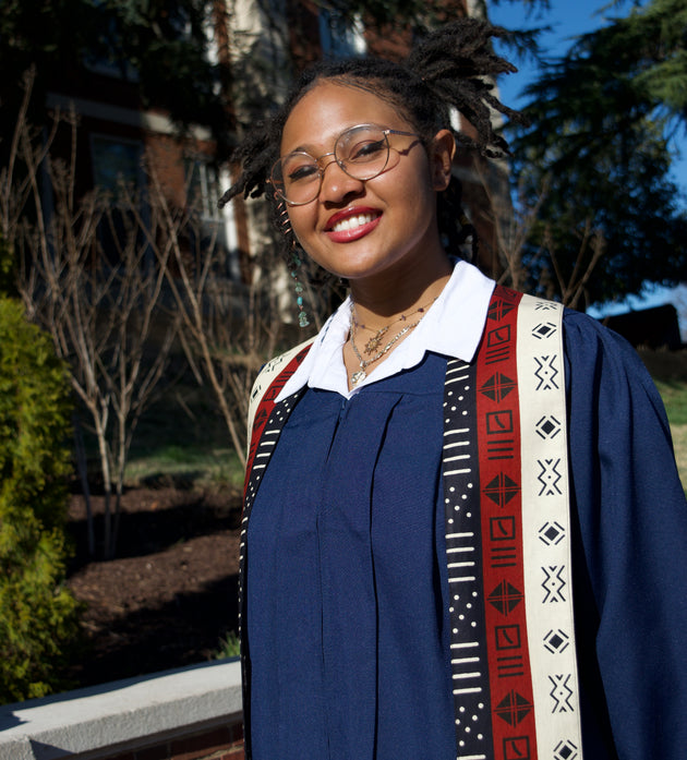 Heritage Collection African Print Graduation Sash - Tricolor Navy, Cream and Red Print