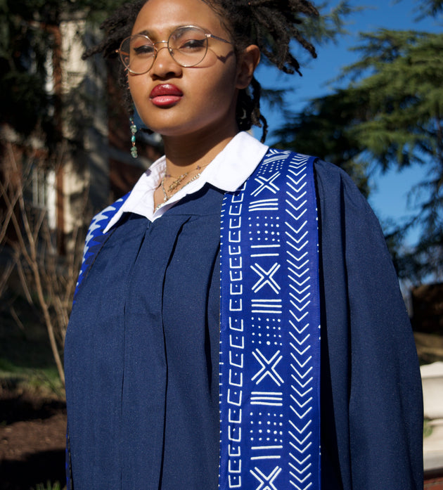 Heritage Collection African Print Graduation Sash - Two Pattern Blue and White Print