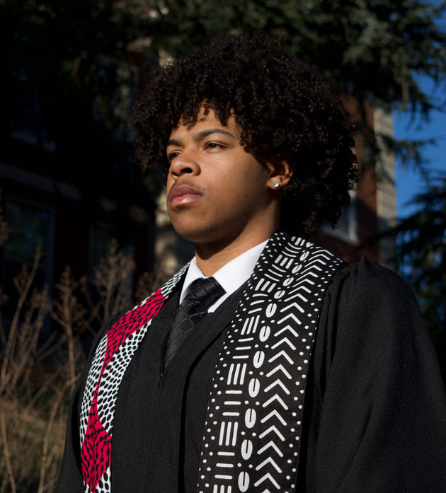 Heritage Collection African Print Graduation Sash - Two Pattern Black, Pink, White Print