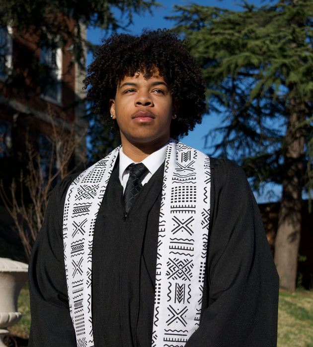 Heritage Collection African Print Graduation Sash - White and Black w/ Xs Print