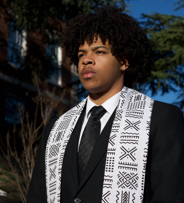 Heritage Collection African Print Graduation Sash - White and Black w/ Xs Print