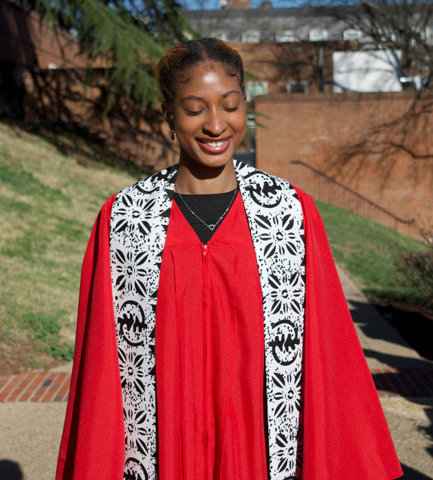 Heritage Collection African Print Graduation Sash - White and Black w/ Adinkra Embed Print